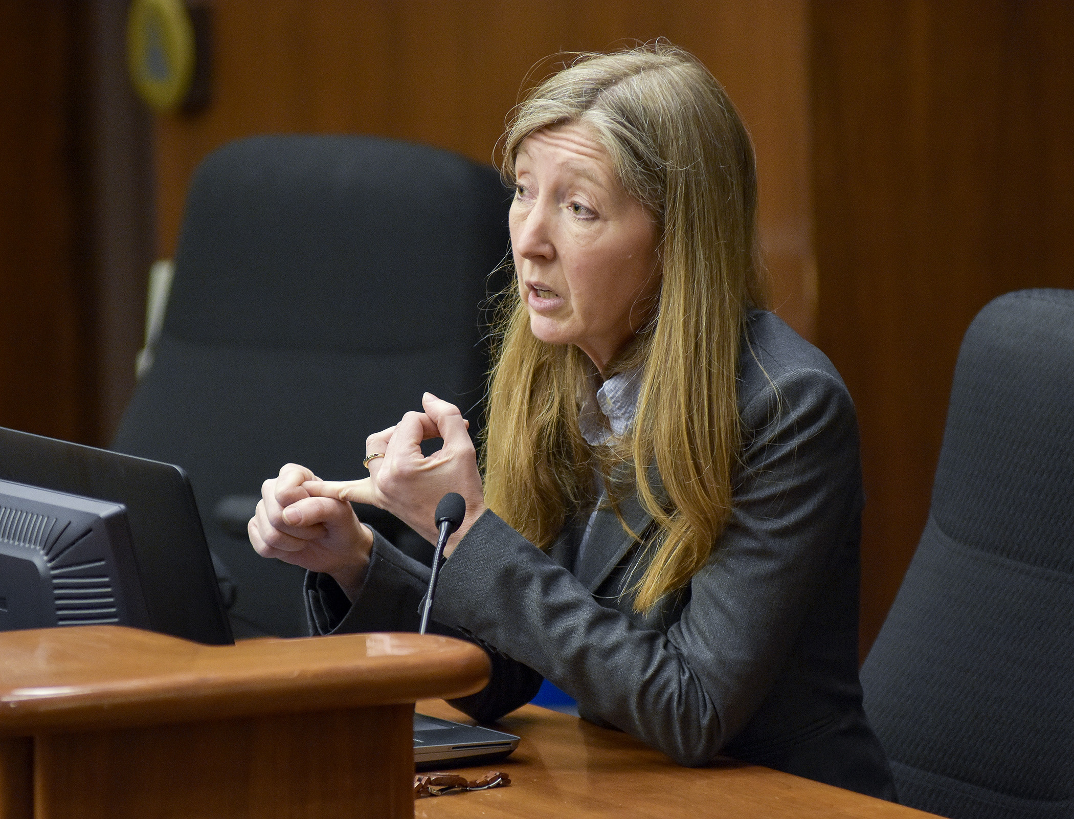 Julie Sorenson, director of the Northeast Center for Occupational Health and Safety, makes a presentation on tractor safety to the House Agriculture Policy Committee March 23. Photo by Andrew VonBank
